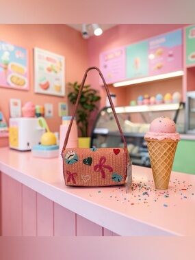 Beaded "Love Letter" shoulder bag with heart & bow designs. Handmade in India.